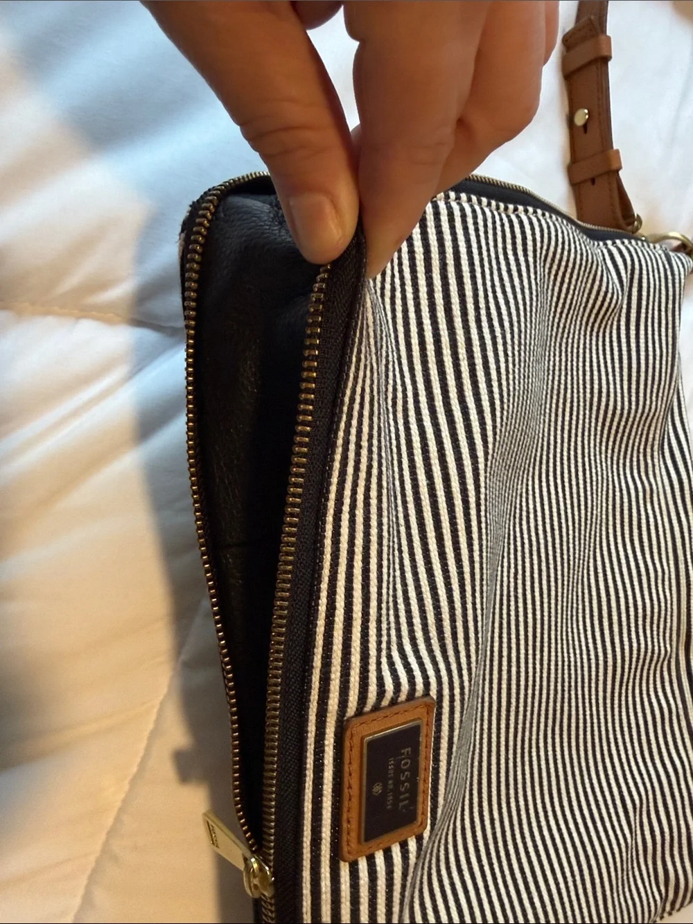 Fossil Black and White Striped Canvas Crossbody with Tan Leather Straps
